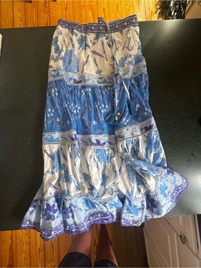 Blue & White Floral Tiered Maxi Skirt with Drawstring Waist